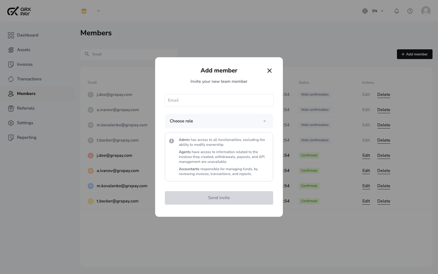 GRX Pay add member dialog with role picker and role descriptions