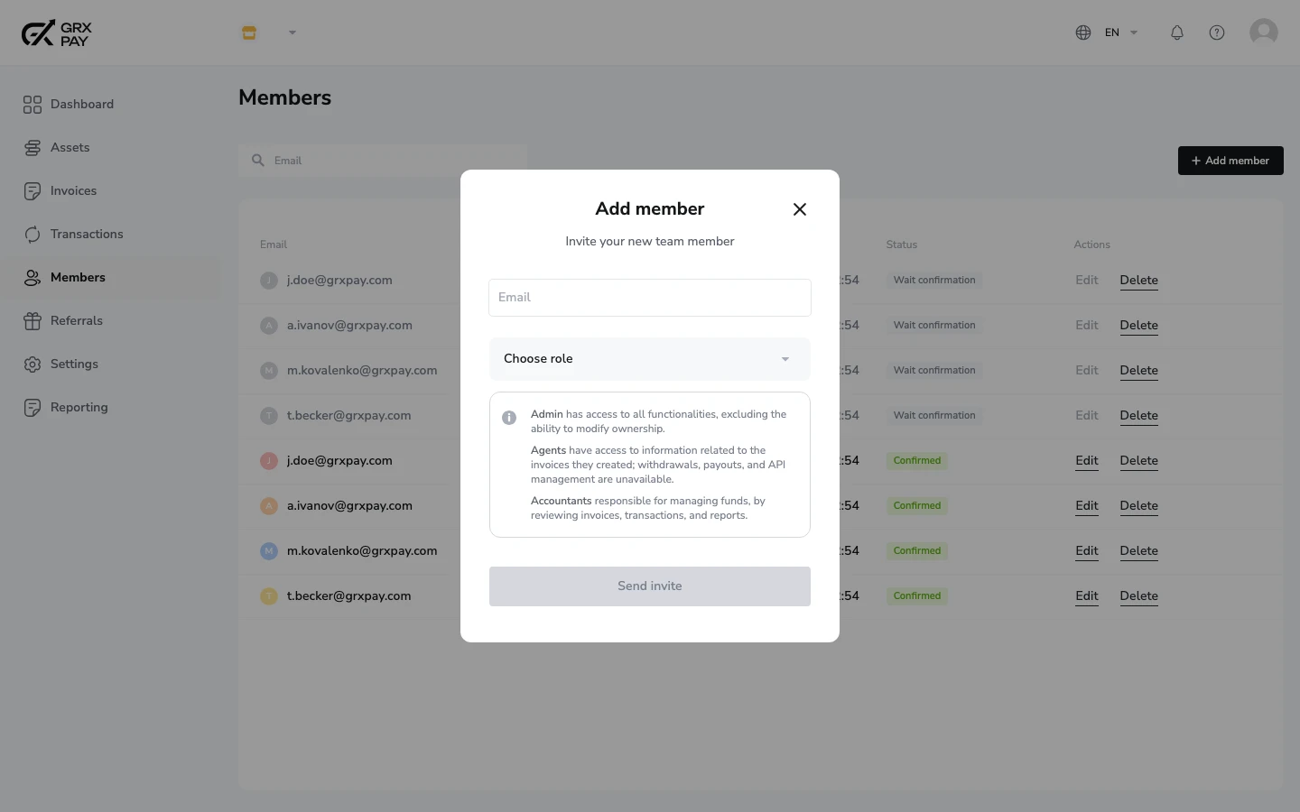 GRX Pay add member dialog with role picker and role descriptions
