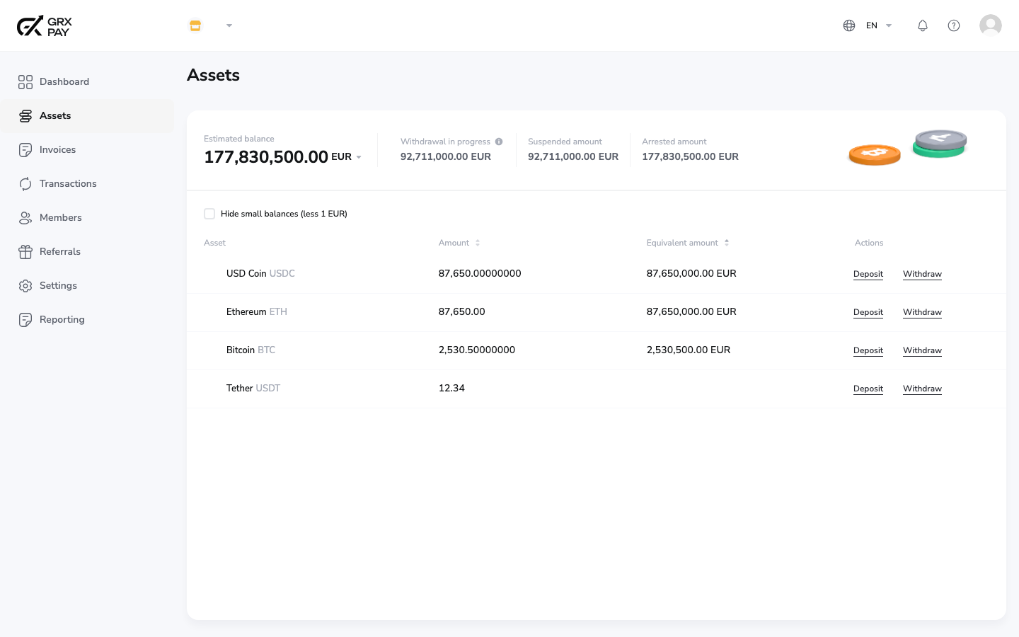 GRX Pay assets screen showing multi-currency balances