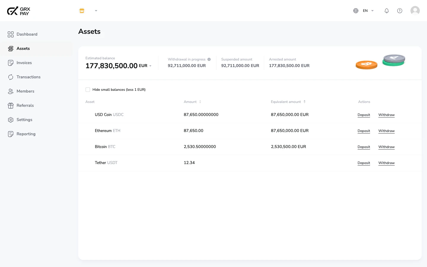 GRX Pay assets screen showing multi-currency balances