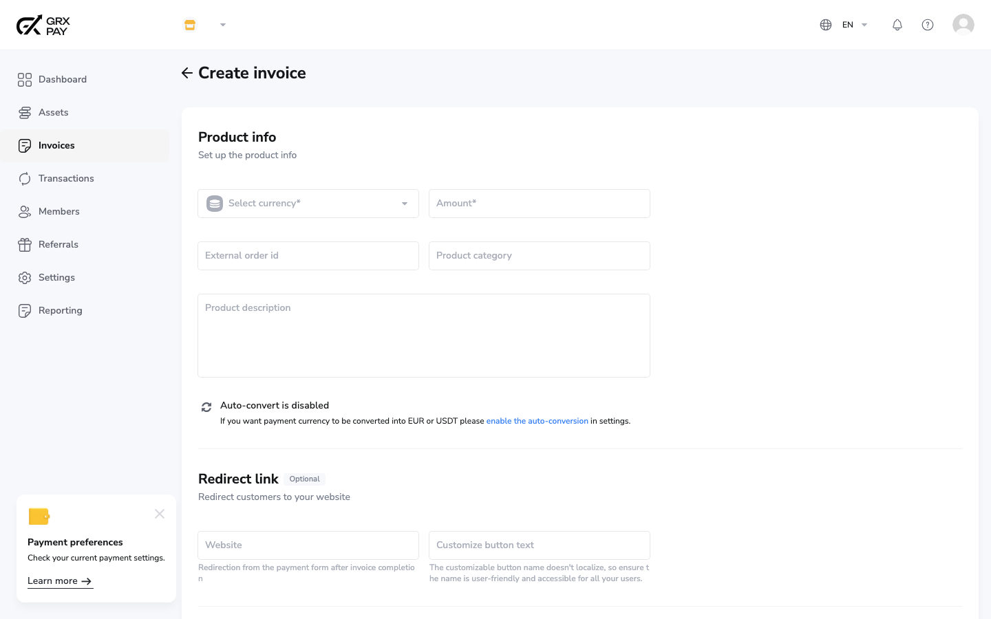 GRX Pay create invoice form with currency, amount, and auto-convert settings
