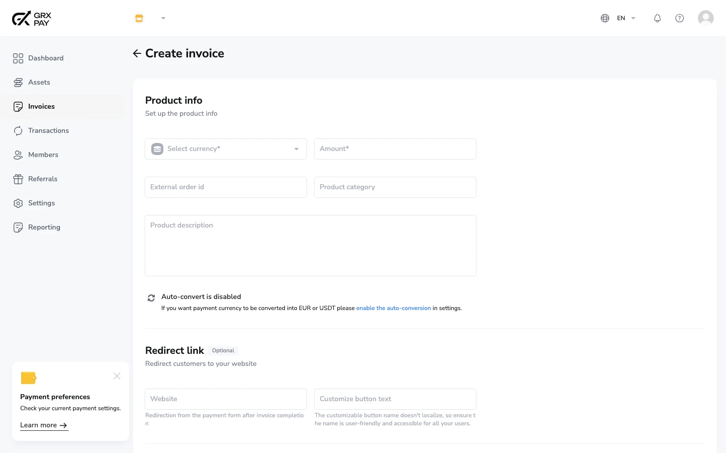 GRX Pay create invoice form with currency, amount, and auto-convert settings