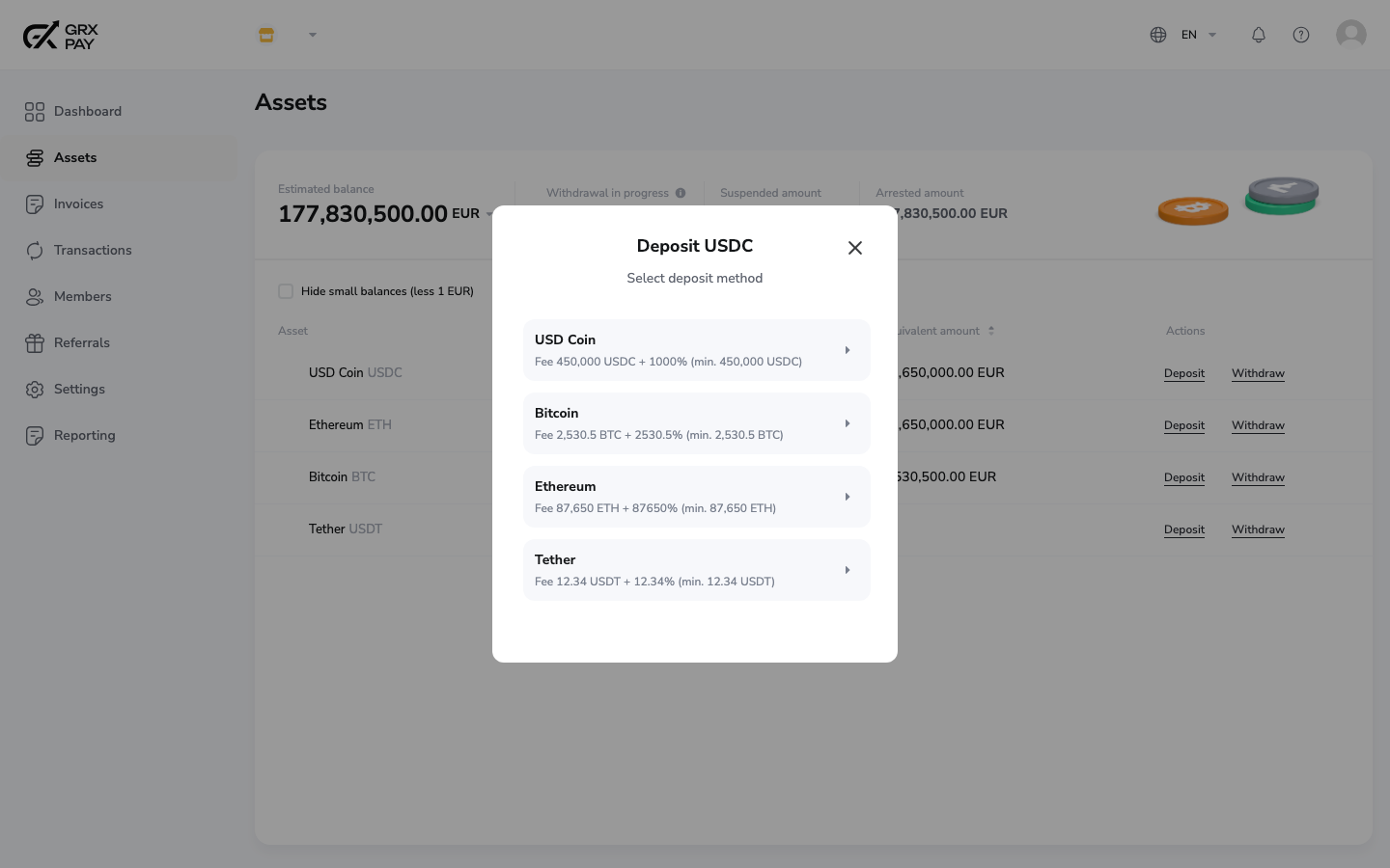 GRX Pay deposit dialog showing per-currency deposit methods and fees