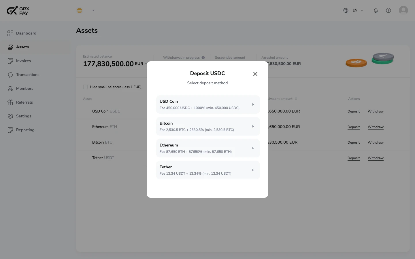 GRX Pay deposit dialog showing per-currency deposit methods and fees