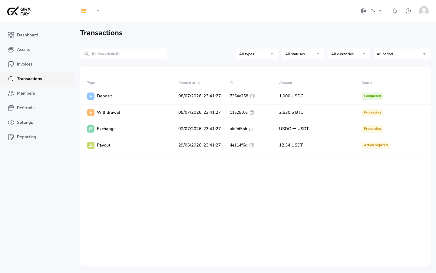 GRX Pay transactions table with filters for type, status, currency, and period