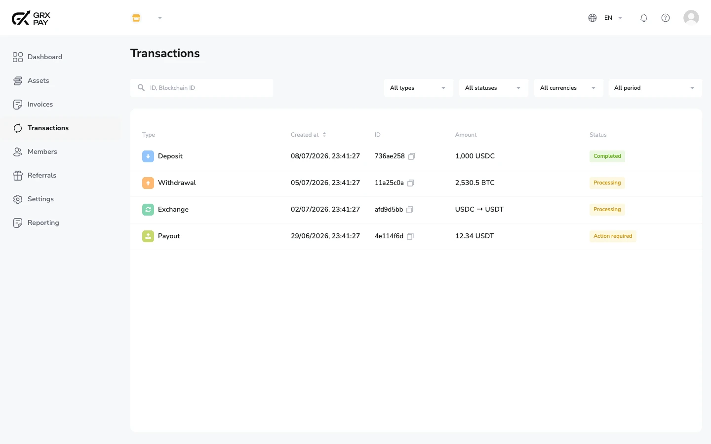 GRX Pay transactions table with filters for type, status, currency, and period