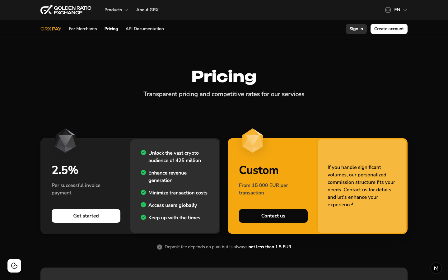 GRX Pay pricing page with tiered commission structure