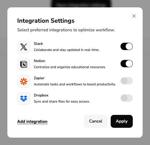 Integration settings modal combining Modal, Switch, icon, and Typography components in a realistic composed screen