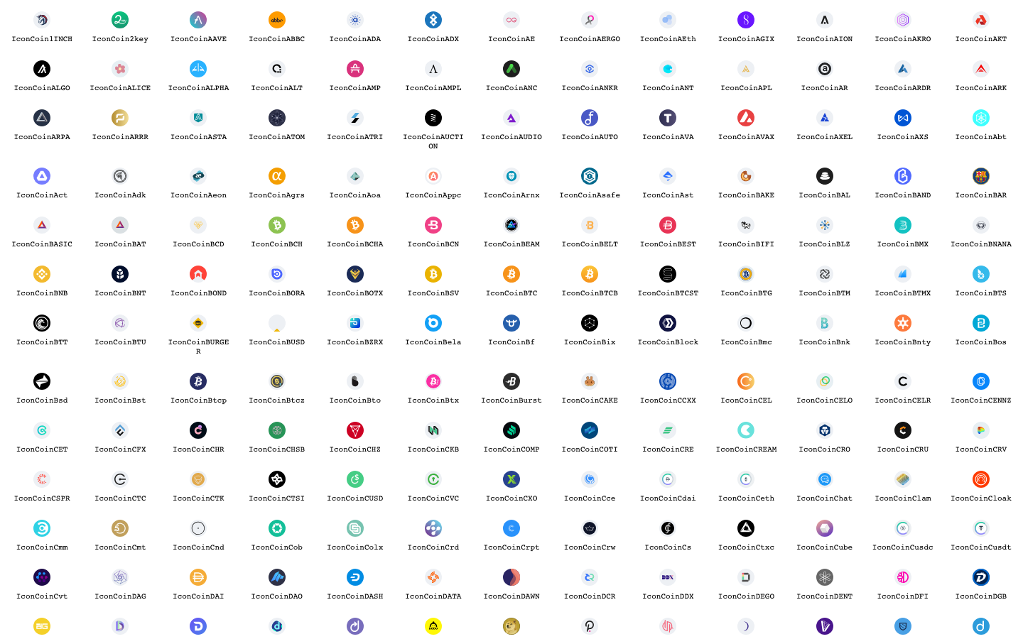 Grid of over 200 cryptocurrency coin icons from the @grx/ui icon set