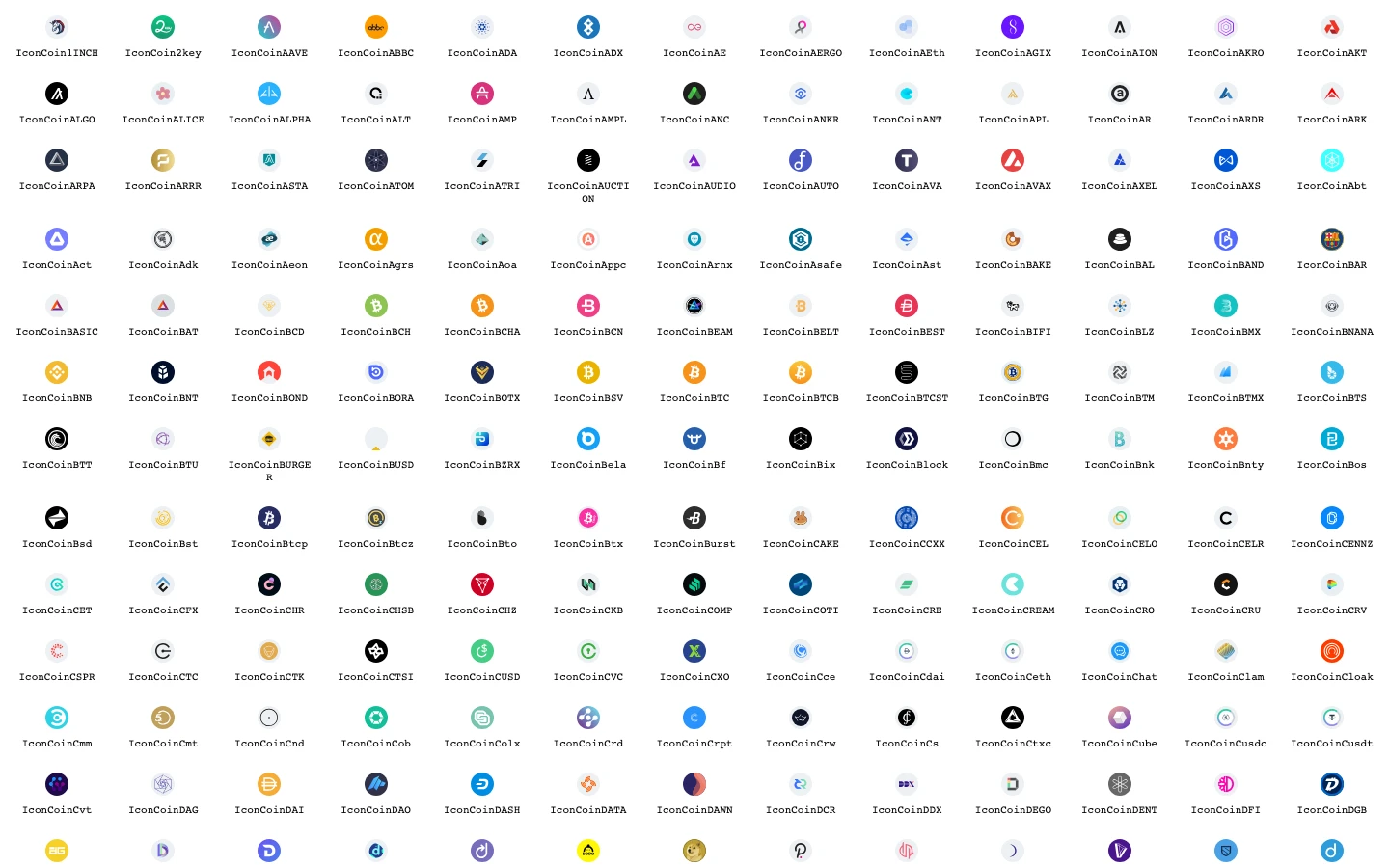 Grid of over 200 cryptocurrency coin icons from the @grx/ui icon set