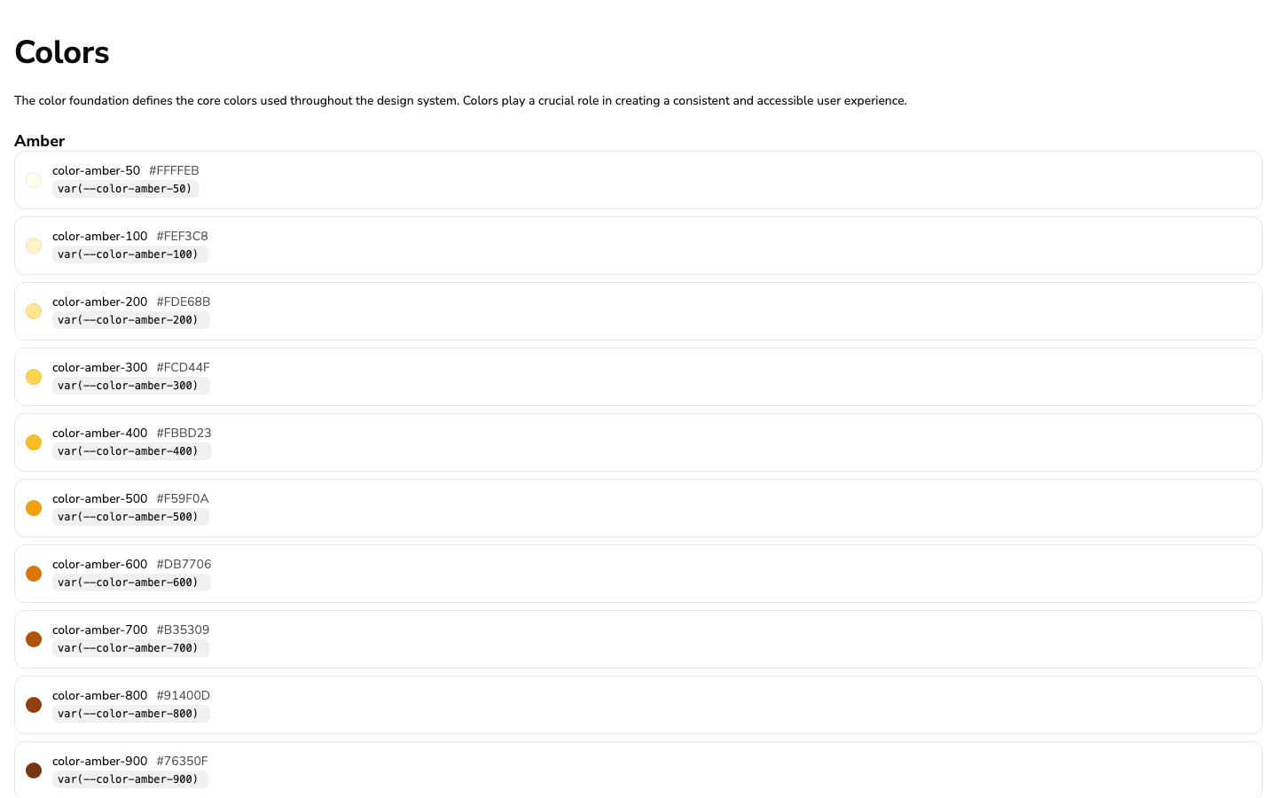Design tokens documentation page showing the color palette