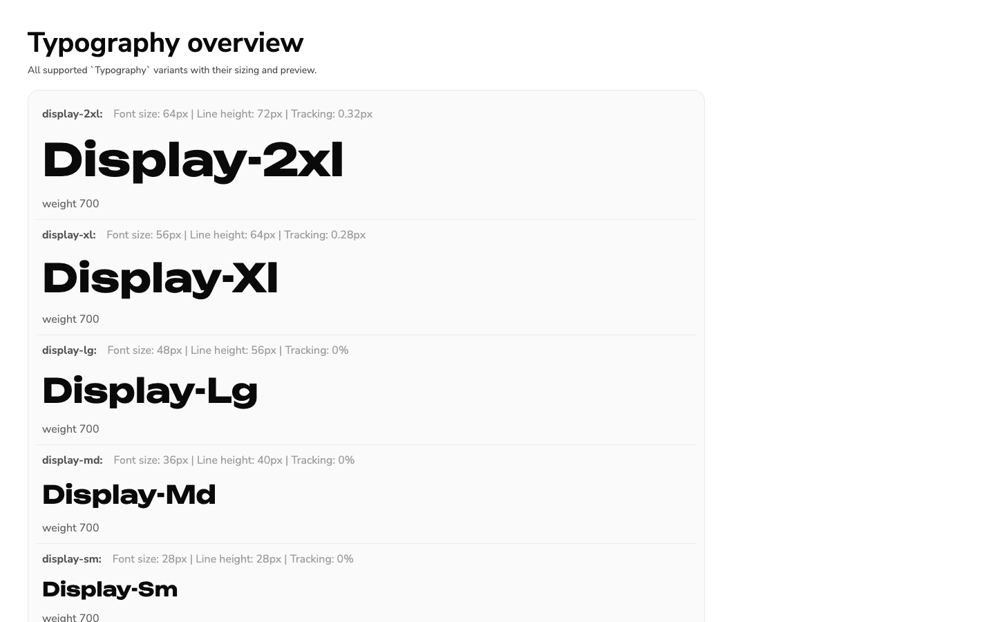 Typography scale documentation showing display text sizes