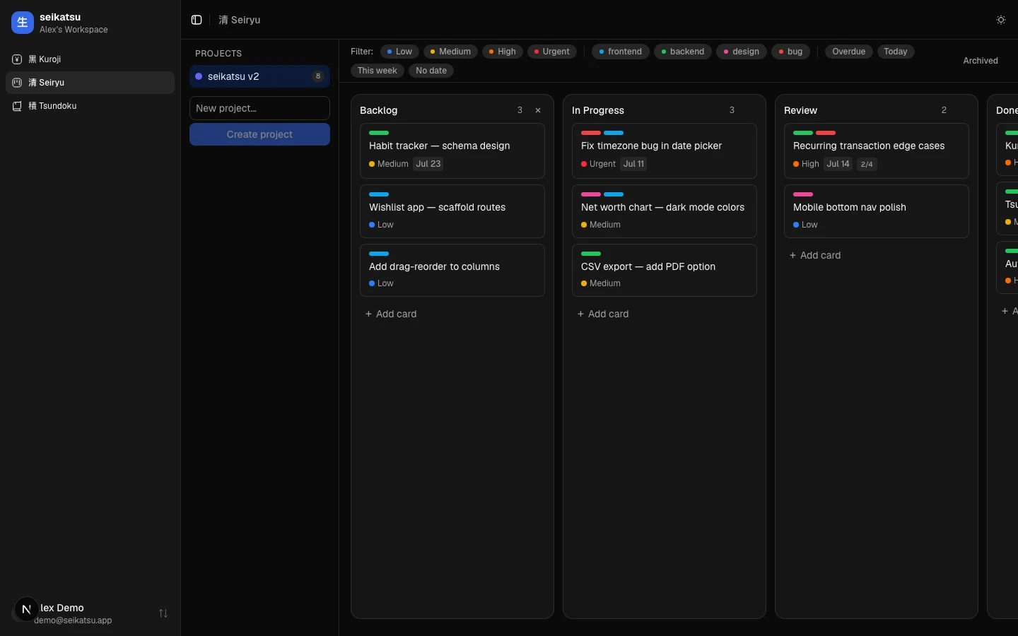 Seiryu kanban board with columns Backlog, In Progress, Review, Done