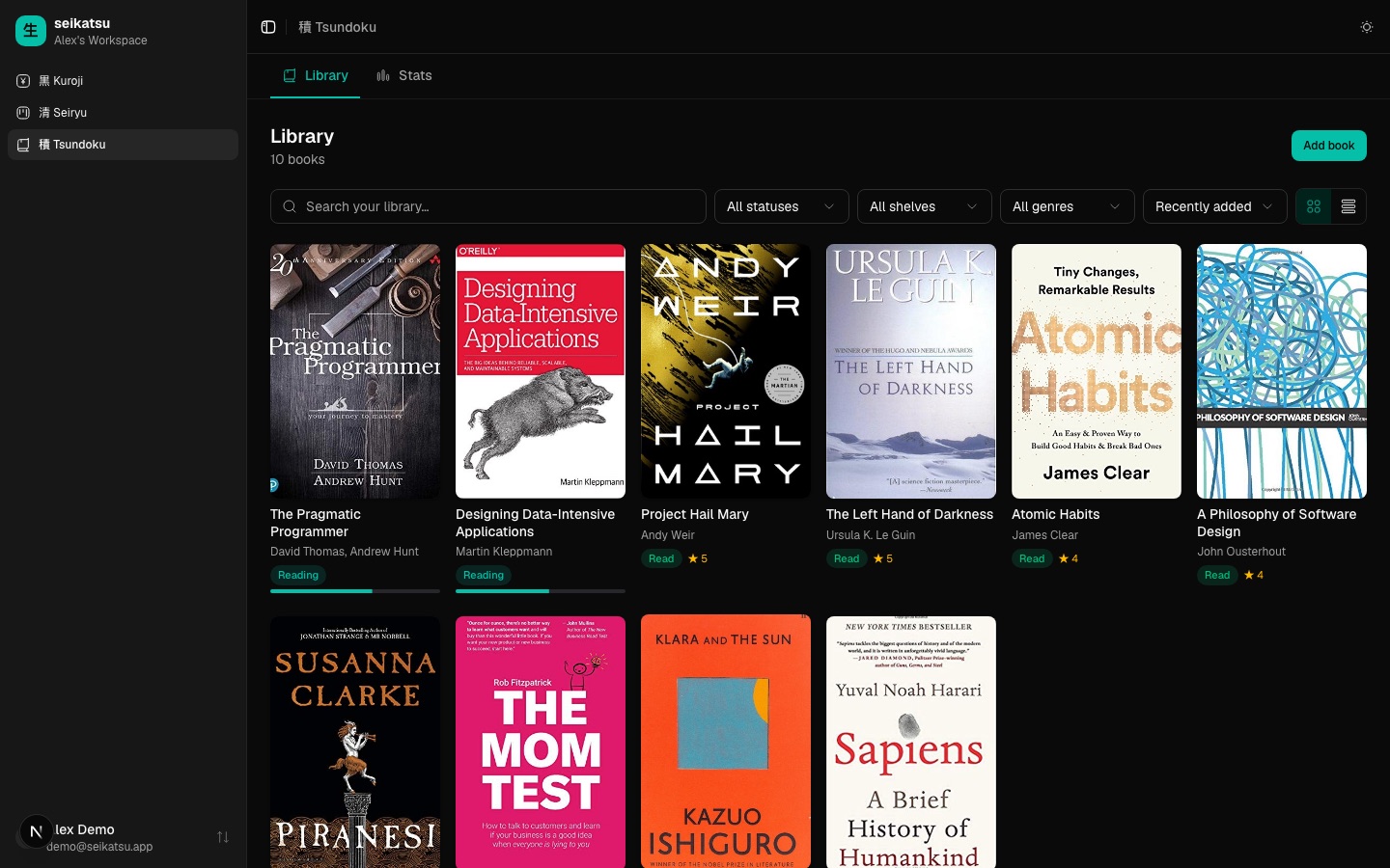 Tsundoku library grid showing books with real cover art, reading status, and ratings
