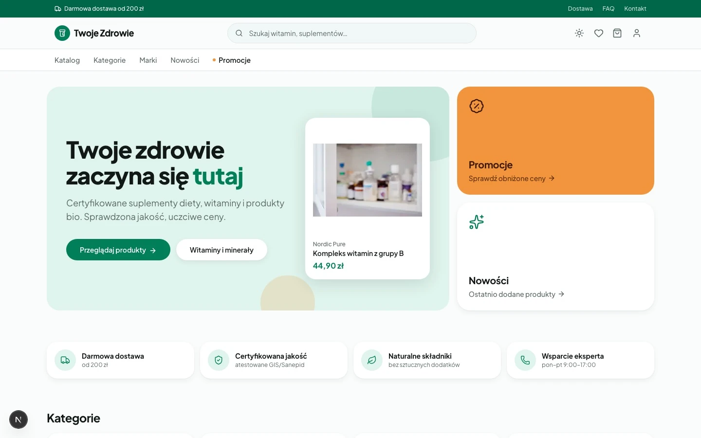 Twoje Zdrowie homepage with hero banner, trust strip, and category grid