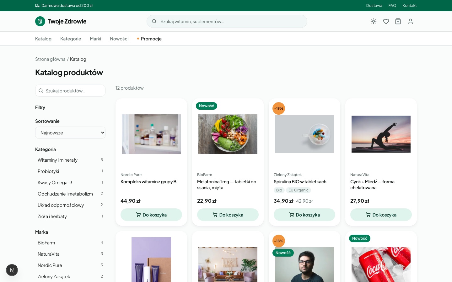 Twoje Zdrowie product catalog with filters by category, brand, and dietary tag