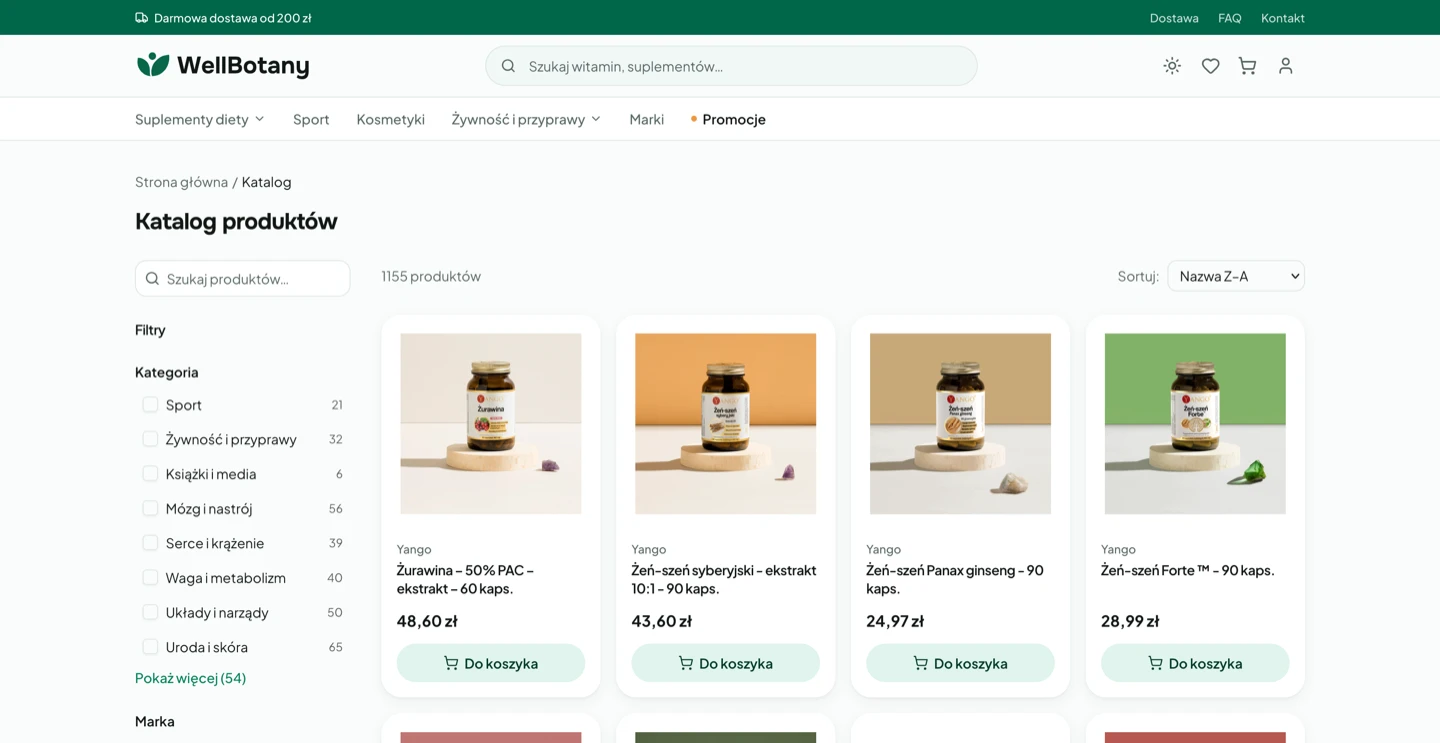 WellBotany product catalog with filters by category, brand, and dietary tag