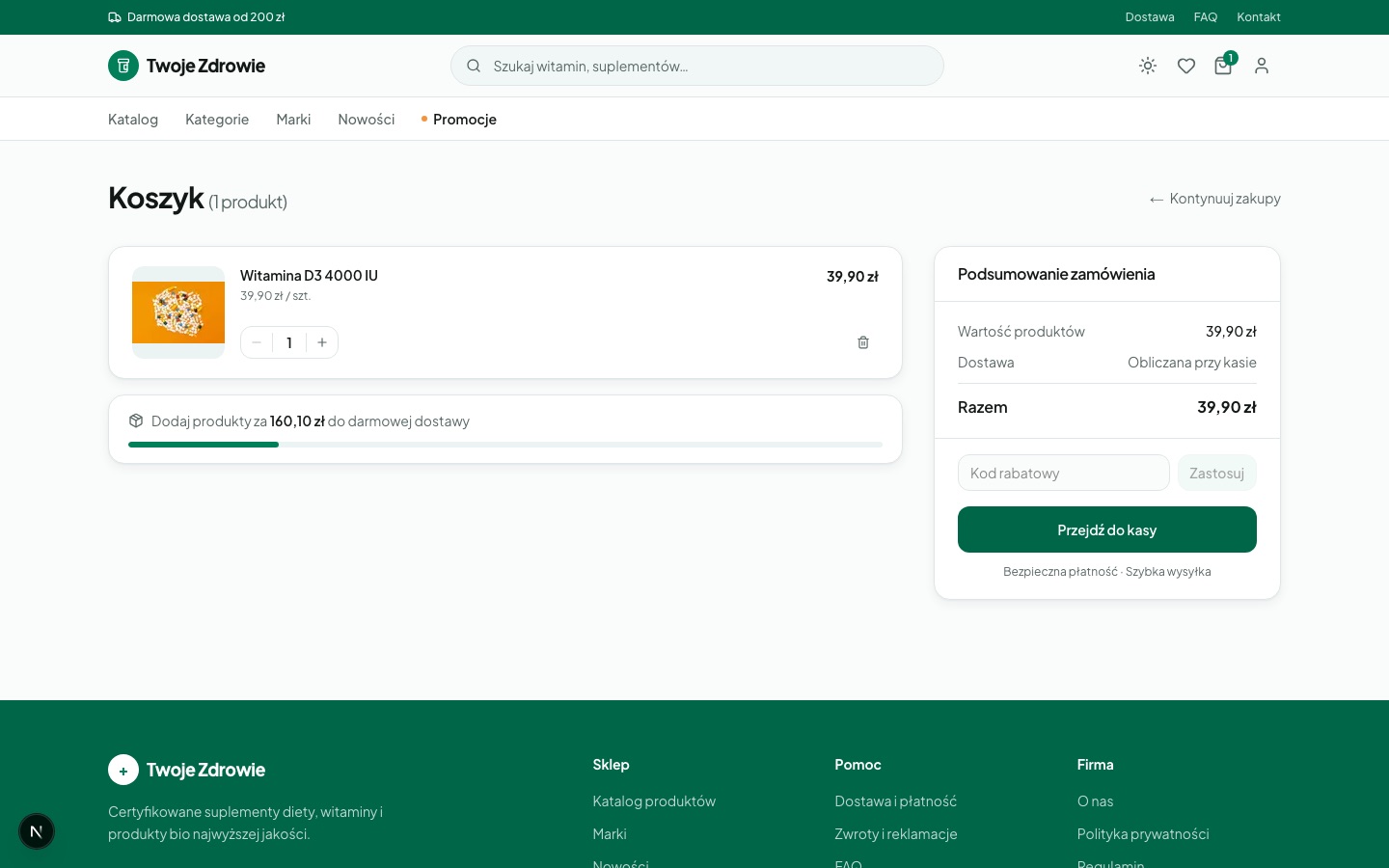 Twoje Zdrowie cart page with order summary and free-shipping progress bar