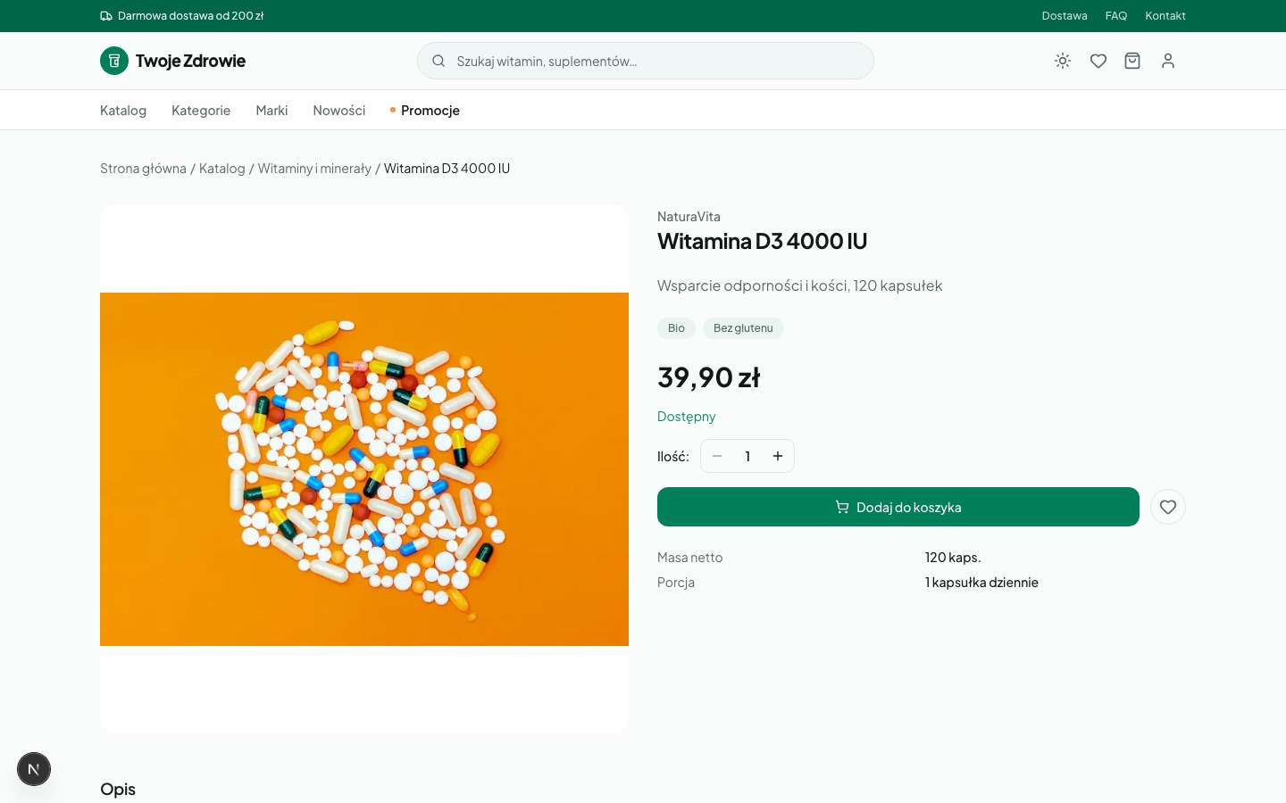 Twoje Zdrowie product detail page for Witamina D3 with price, dosage, and related products