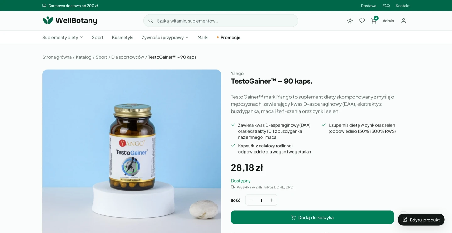 WellBotany product detail page for TestoGainer with price, benefits, and shipping info